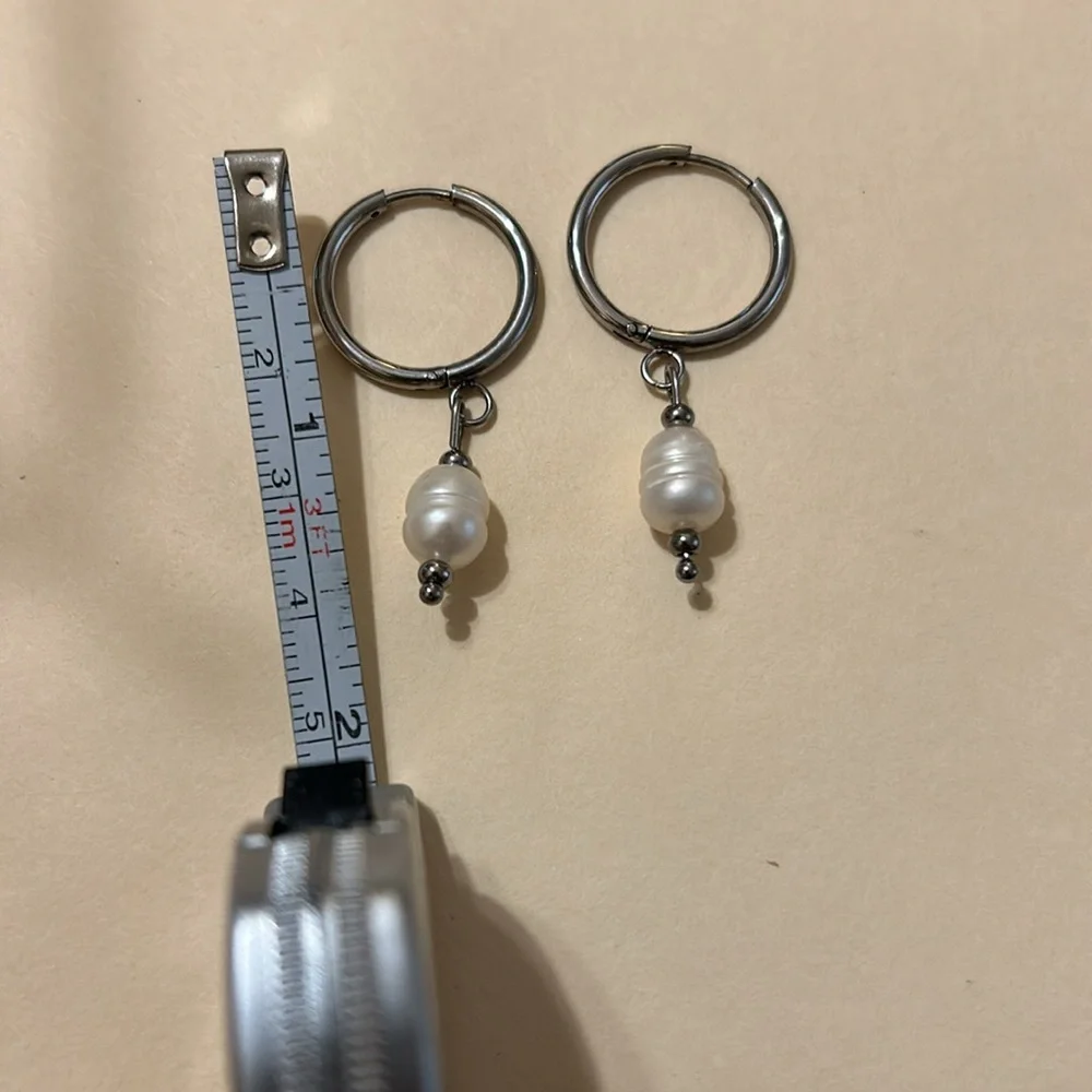 Silver Baroque Pearl Hoop Earrings - Picture 2 of 4
